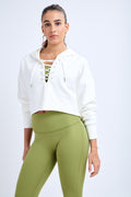 Relaxed Hoodie With Lace-Up Detail in Ivory