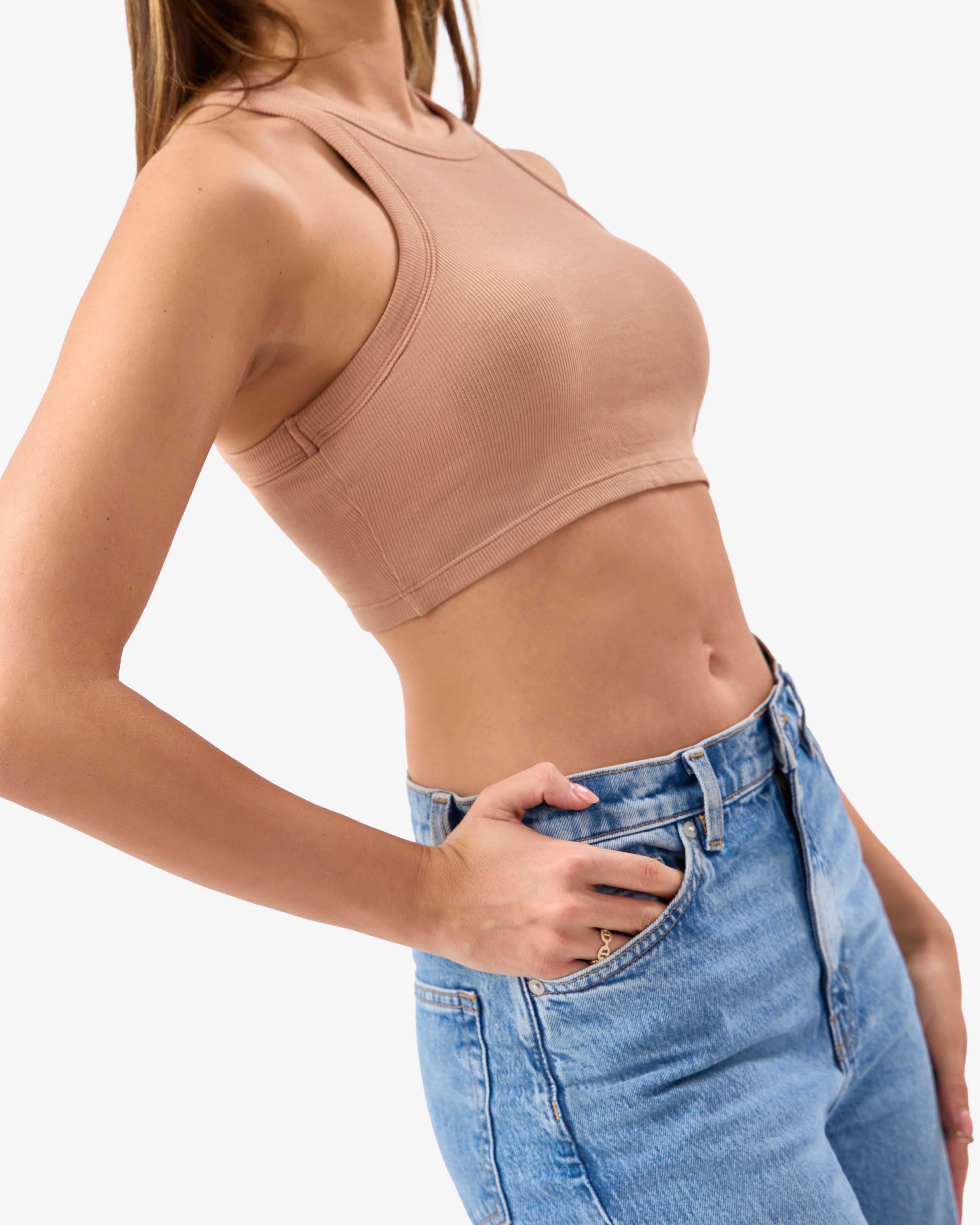 Ribbed Tank Top with Built-In Bra in Camel